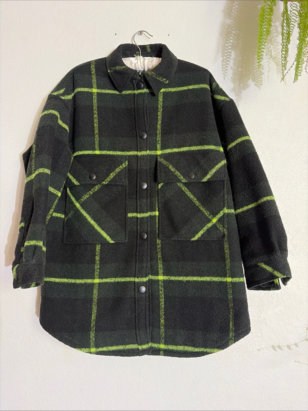 Zara Thick Lined Shacket Jacket wool blend Green/Black Plaid SZ SMALL